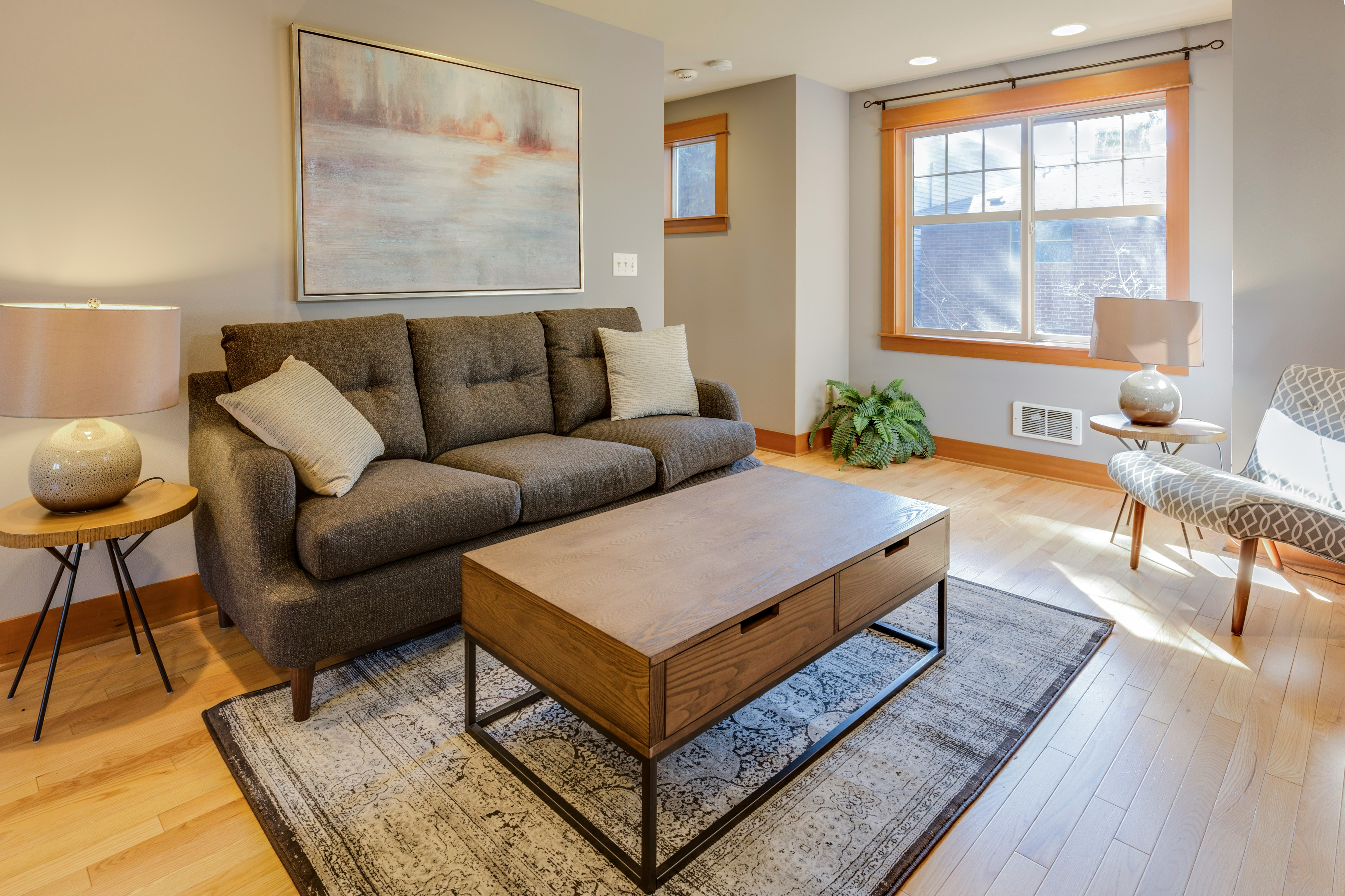 Tidy living room after a routine residential cleaning service.